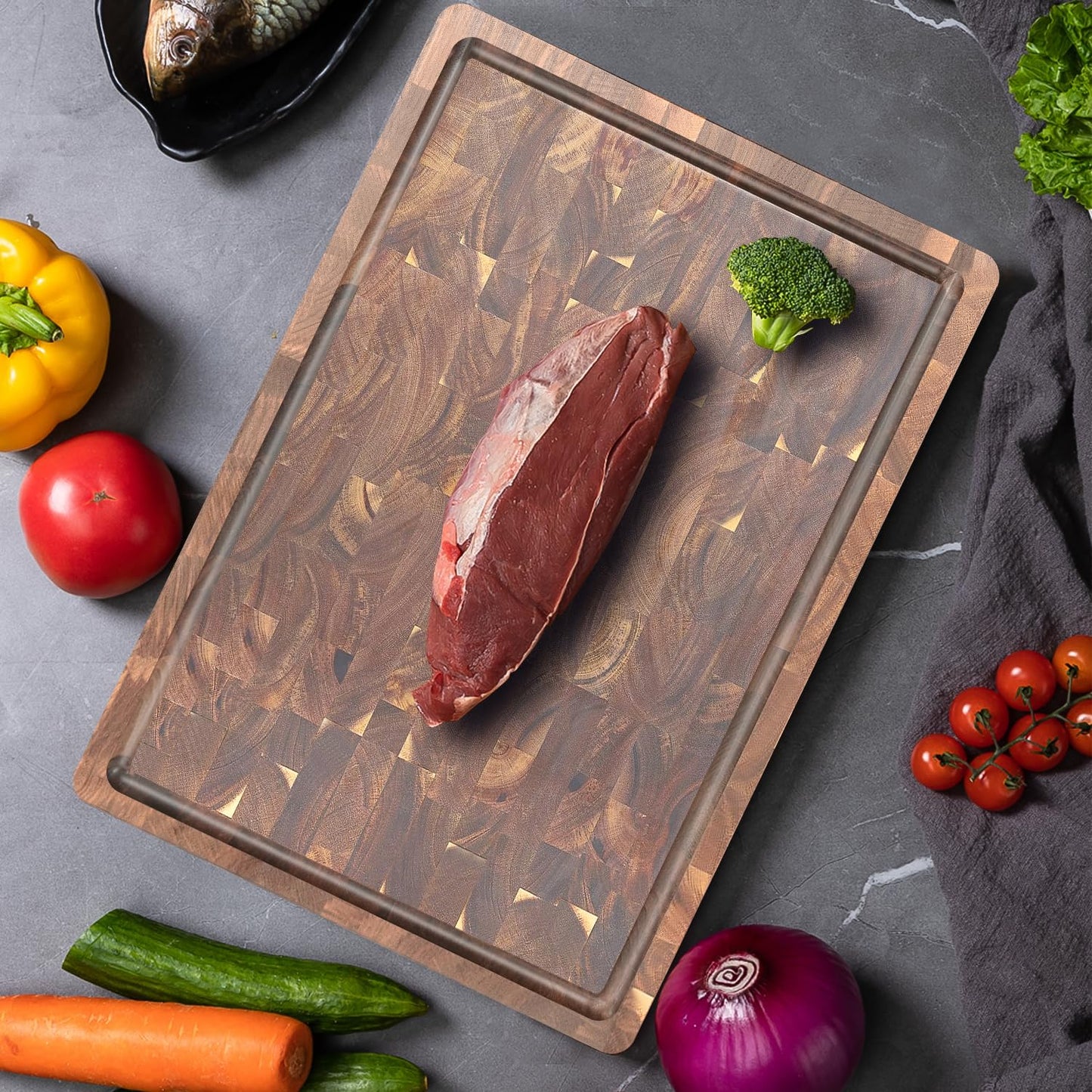 COCOBOSS Cutting Board Wood Large 42x30x2.5cm, Wooden Cutting Board, Kitchen Board, made of Acacia Wood PREMIUM for Kitchen, Kitchen Wood Board, Non-slip Feet XXL
