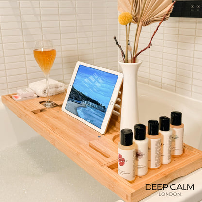Deep Calm Bathtub Tray - Adjustable Bamboo Bathtub Caddy - Non-Slip Bathtub Shelf Fits Most Tubs - Holds Book, iPad, Phone, Glass, Candle (Natural)