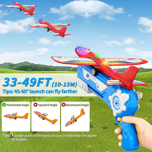 Doloowee Plane Toy, 3 Styrofoam Flyers with Catapult Toy Gun, Outdoor Toy for Kids Age 4+, Gift Boys Girls 4-10 Years
