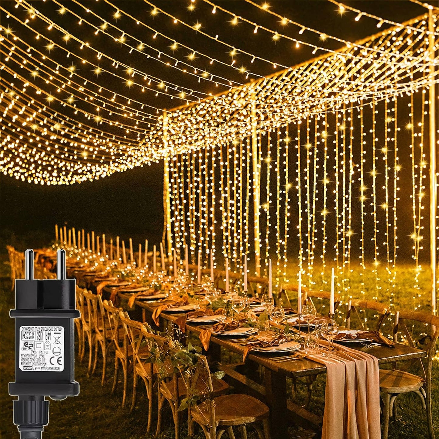 Yowin 6m x 3m 600 LED curtain lights with plug, 8 modes, waterproof waterfall light chain for outdoor/indoor use. Perfect for room, wedding, garden, pergola, and Christmas decoration.