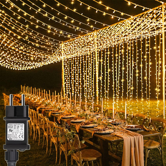 Yowin 6m x 3m 600 LED curtain lights with plug, 8 modes, waterproof waterfall light chain for outdoor/indoor use. Perfect for room, wedding, garden, pergola, and Christmas decoration.