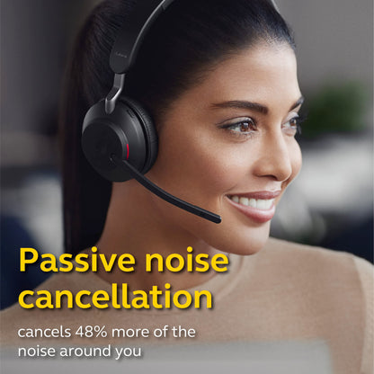 Jabra Evolve2 65 is a wireless PC headset with a charging stand. It has noise-canceling, Microsoft Teams certification, stereo sound, and a long-lasting battery. The set includes a USB-A Bluetooth adapter. Available in black.