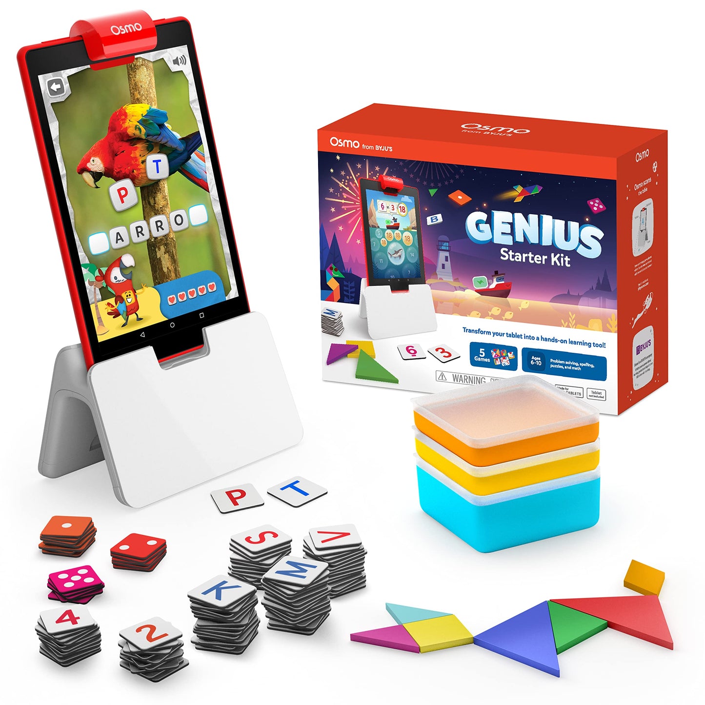 Osmo - Genius Starter Kit for Fire Tablet - 5 interactive learning games - Ages 6-10 - Math, spelling, art, creativity, and physics