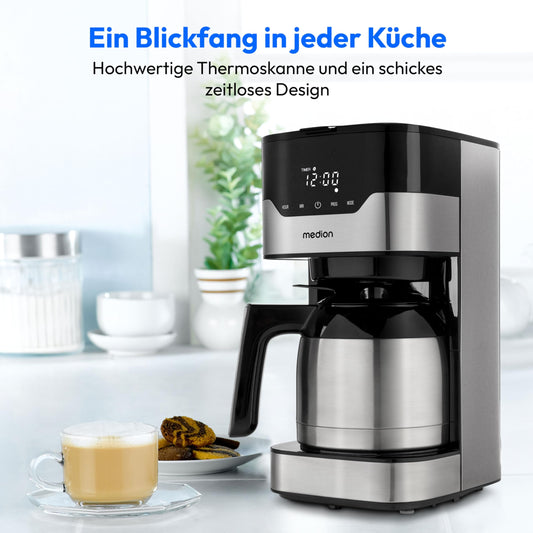 MEDION coffee machine with thermal carafe and timer (filter machine, 8 cups, 1.2 liters, 900 watts, 3 levels, keep warm function, timer clock, anti-drip, display, stainless steel) MD18458.