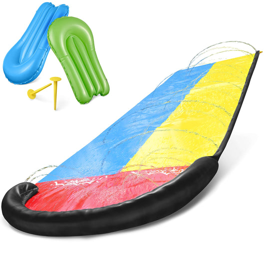 Balinco - Double water slide 4.80 x 1.40 m with 2 surf cushions & anchoring pegs - Large water slide for garden & outdoor - Sprinkler slip mat for children & adults - Water toy for summer.