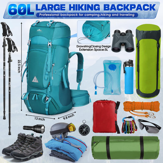 IGOLUMON trekking backpack 60L hiking backpack for men and women travel backpack large backpack with rain cover for camping trekking mountaineering outdoor travel, green