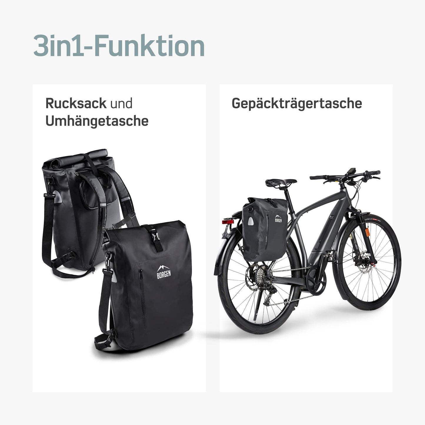 Borrow 3in1 waterproof bike bag for luggage rack - Reinforced straps (Innovation 2023) - Can be used as a bike backpack, luggage rack bag, bike bag, and backpack.