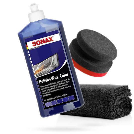 Detailmate SONAX Hand Polishing Set - SONAX Polish+Wax Color blue 500ml + Hand polishing sponge Puck in composite construction hard Ø90/50mm Edgeless Superplush Microfiber Polishing Cloth 550GSM
