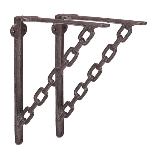 8 x Antique-style cast iron shelf brackets, featuring a unique chain design. These wall mounts are perfect for supporting shelves in a rustic brown finish.