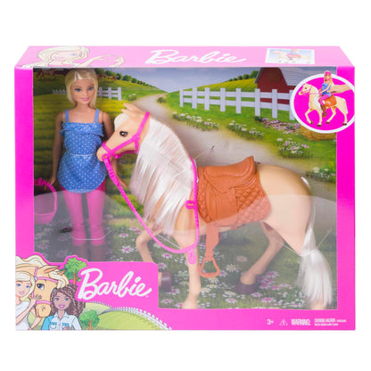 Barbie doll and horse toy, riding accessories, includes 1 doll and 1 horse, suitable as a gift for children aged 3 years and up, FXH13.