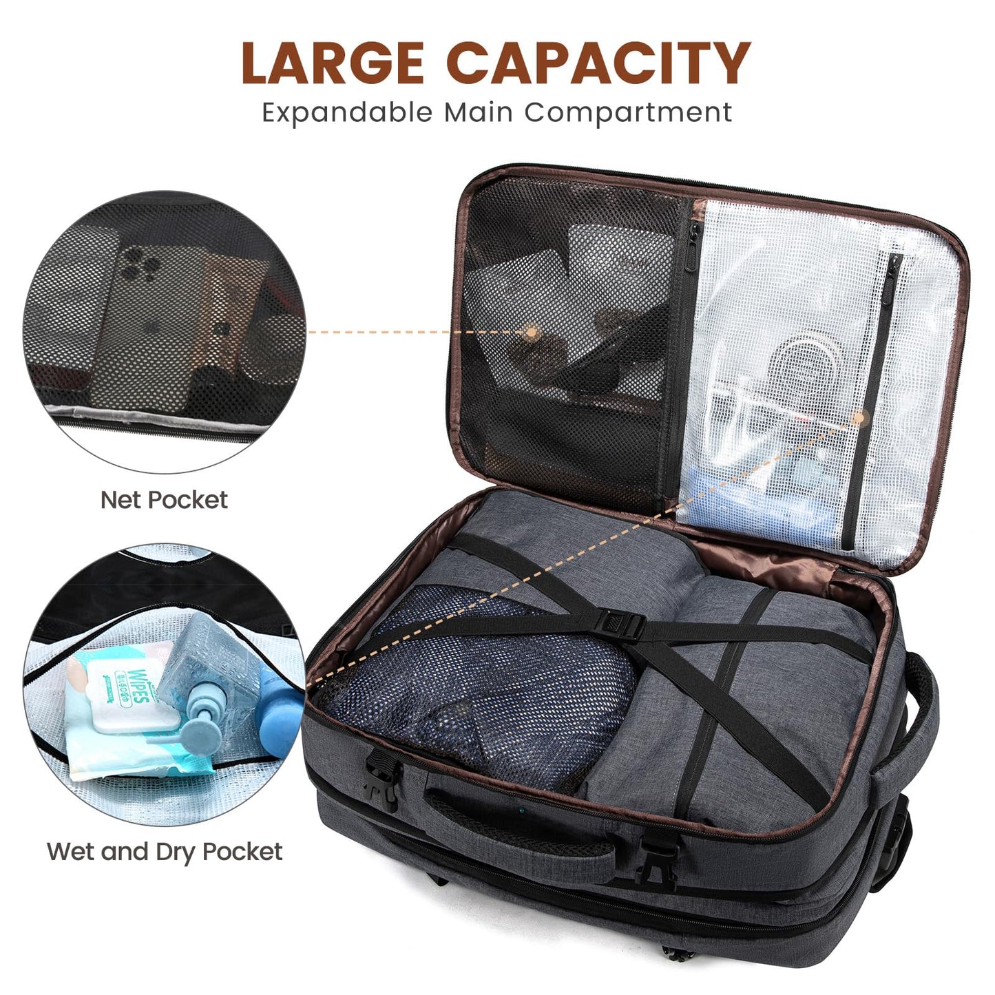 LOVEVOOK Travel Backpack for Airplane, Laptop Backpack for 17.3 inch, Expandable Carry-On Backpack for Men Women, Large 30L-40L Business Travel Backpack for Weekender, Gray
