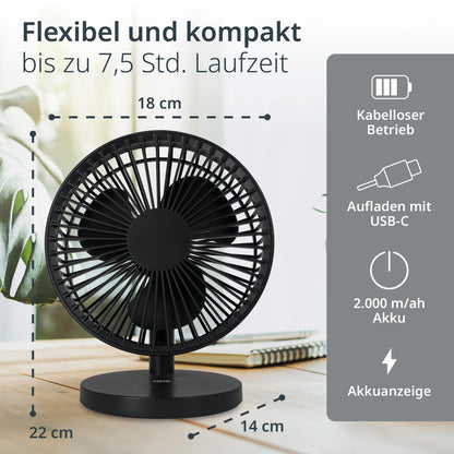 ADE Fan very quiet | USB desk fan 3 speeds | battery up to 7.5h runtime | 2,000 mAh | 90° tilt angle | light and flexible | anthracite.