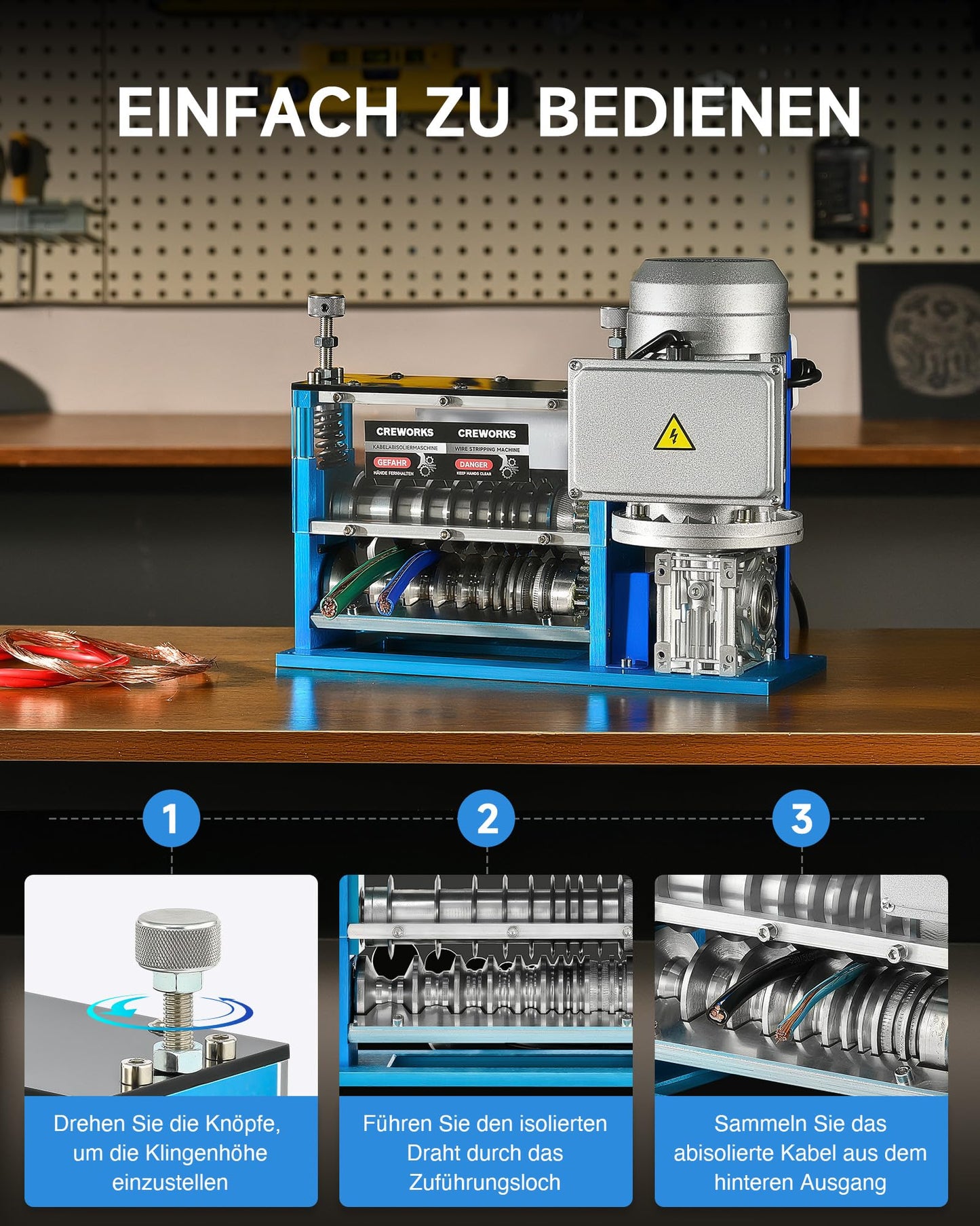 CREWORKS Electric Wire Stripping Machine 370W Cable Peeling Machine Wire Stripper Tool 11 Holes 10 Blades 1.5-38 mm Wire Stripping Peeling Machine
