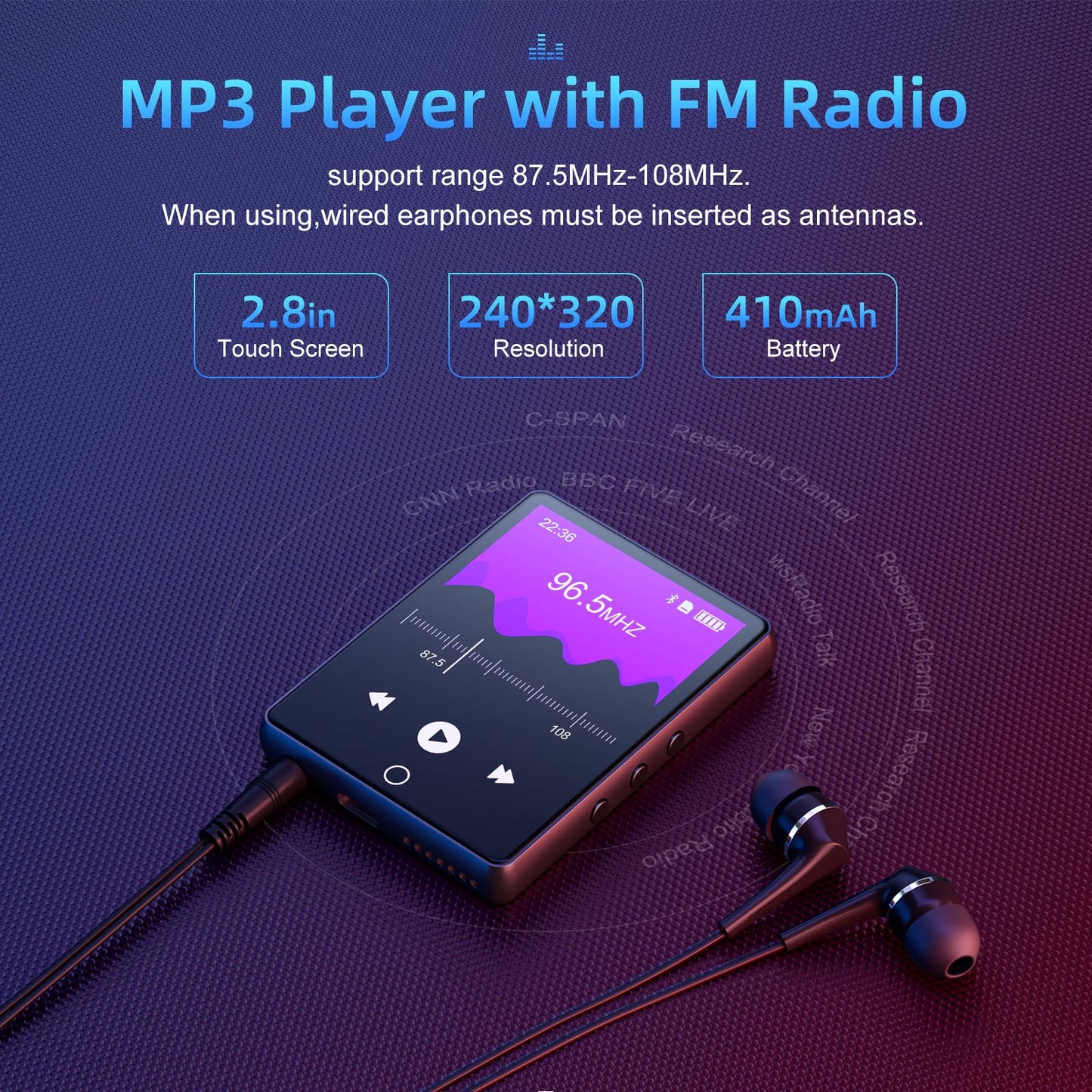 64GB MP3 Player Bluetooth 5.0, Oilsky Kids MP3 Player with Headphones, 2.8" Touchscreen Music Player with Speaker, Portable MP3 Digital Audio Player with FM Radio, E-Book (Black)