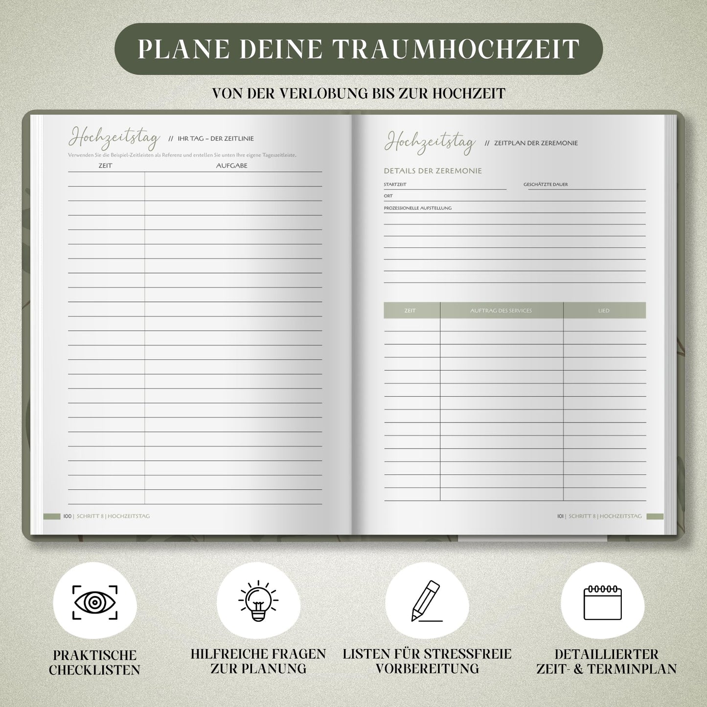 Wedding planner in German A4 | 180° lay-flat design | 160 pages with schedule, checklists, tips, and calendar | Perfect engagement gift for couples.