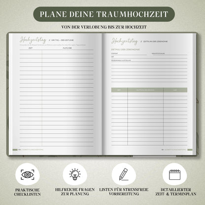 Wedding planner in German A4 | 180° lay-flat design | 160 pages with schedule, checklists, tips, and calendar | Perfect engagement gift for couples.