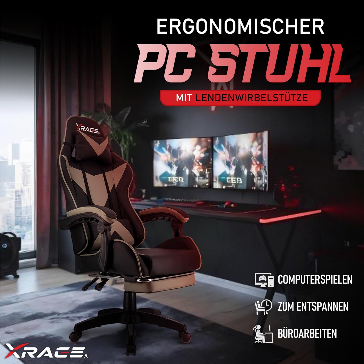 xRace Gaming Chair, Office Chair, Ergonomic PC Chair, Gaming Sofa made of leather with lumbar support, Adjustable Swivel, Task Chairs with Footrest and Headrest, Gray