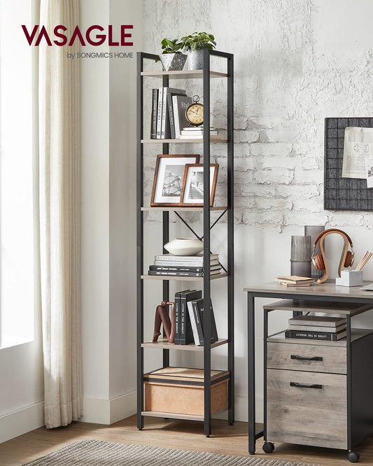 VASAGLE Shelf, Bookshelf, Standing Shelf, DVD Shelf, with 6 Levels, Office Shelf, Open Shelves, for Office, Living Room, Bedroom, Kitchen, 30 x 40 x 186 cm, Beige-Black LLS101B02