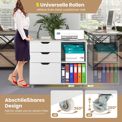 COSTWAY rolling container with 3 drawers, file cabinet with wheels and open compartments, printer stand, office cabinet for documents in DIN A4, letter format, legal format (white)