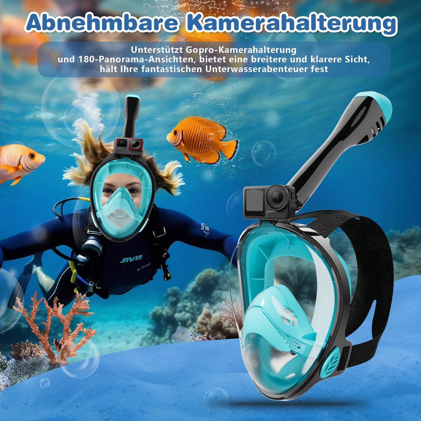 Full Face Snorkel Mask for Adults - CO2 Safe, Waterproof & Anti-Fog Dive Mask with Camera Mount - Diving Mask with Carry Bag & Earplugs (green, L-XL)