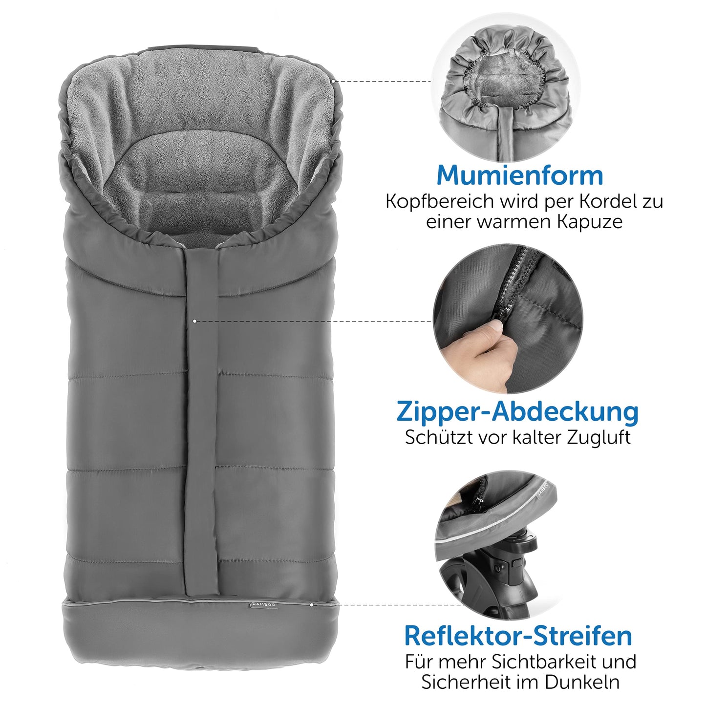 Zamboo footmuff for Joie stroller (fits Litetrax, Mytrax, Chrome) - winter footmuff for strollers, with reflector, hood function & pocket - Grey