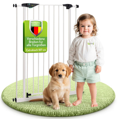 BOMI extra tall Baby Safety Gate Mira | No Drilling | Metal White Safety Gate Door for Childproofing | Sturdy Baby Safety Gate for Stairs | Stair Door Gate | Width: 93-101 cm