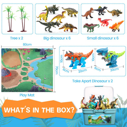 Glow in the dark Dinosaur Toy for ages 3 and up, Dinosaur figures and assembly Dino toys, Kids’ toy, Gift for boys girls, Storage box & play mat