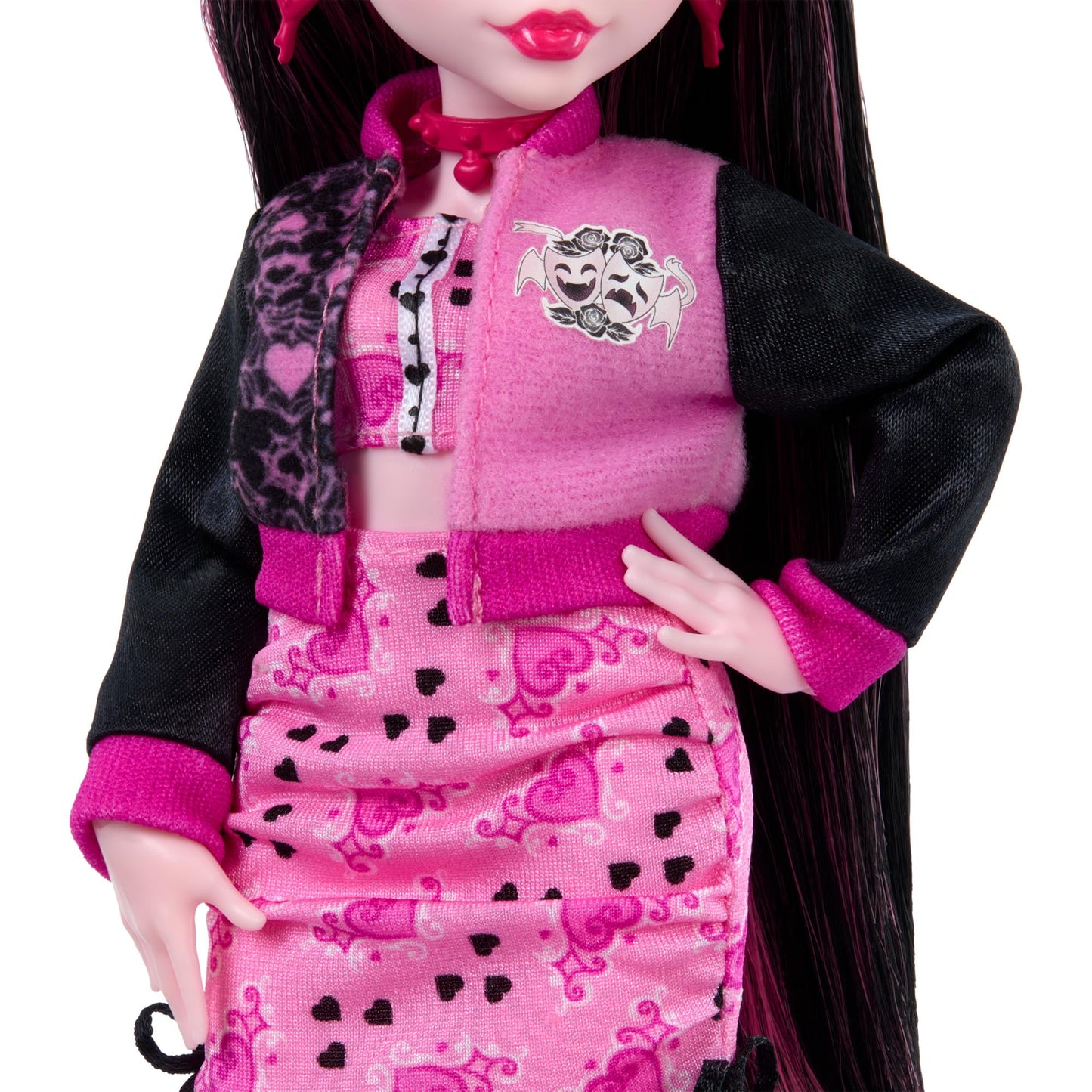 Monster High Fearbook Draculaura set with doll and accessories featuring a film club theme, varsity jacket, yearbook, screenplay, and movie props.