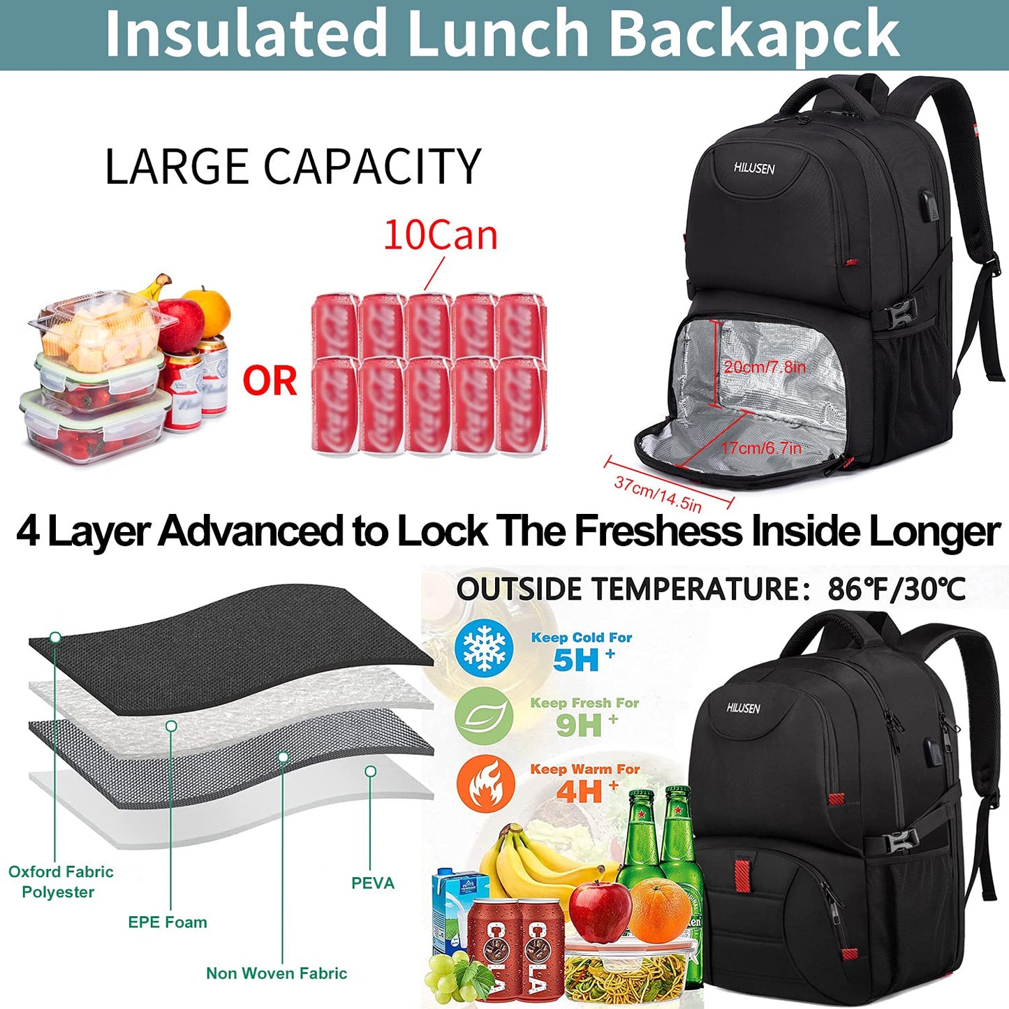 HILUSEN Large Backpack for Men 50L, Work Backpack Laptop Backpack Men 17.3 Inch School Backpack with USB Charging Port Business Travel Notebook Bag Backpacks Men Women Boys Teenagers Black