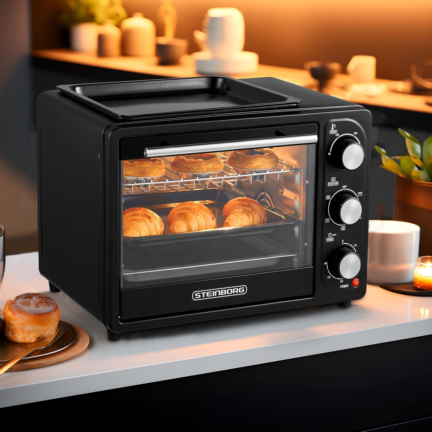 3in1 Mini Oven 20 liters with convection including warming plate | 2 baking trays + grill rack | Mini Oven | Pizza Oven | switchable fan | removable grill plate | 60 min timer | 1300W