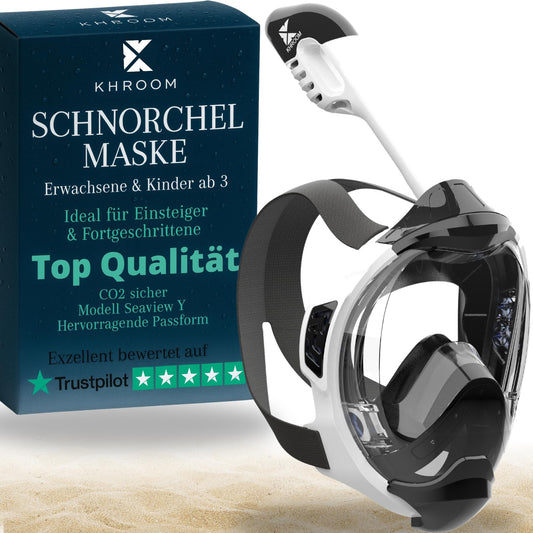 Khroom snorkel mask for adults & kids 3+ | CO2 safe | Full face mask with Easy-Breath System | Snorkel set alternative | Seaview Y diving mask for adults/kids (XS White)