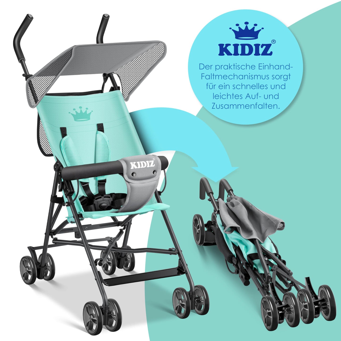 KIDIZ® City Buggy is a foldable sports stroller with 360° swivel 4-inch wheels, sun and rain covers, and a 5-point safety harness. Suitable for kids over 6 months, in mint green.