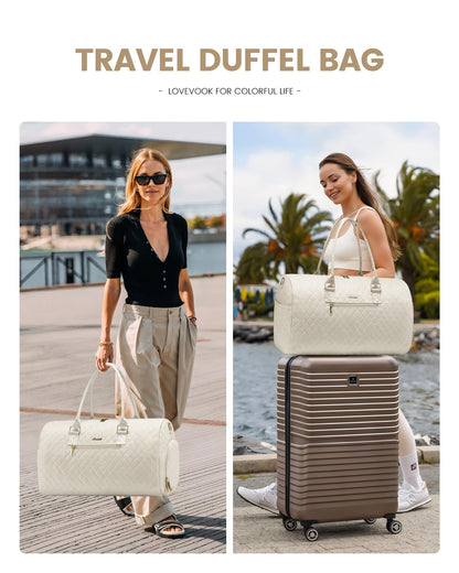 LOVEVOOK Travel Bag for Women, Weekender Sport Bag with Hospital Bag for Birth, Toiletry Bag, Shoe Compartment & Wet Pocket, Waterproof Gym Bag, Carry-on Bag for Airplane Travel, Beige
