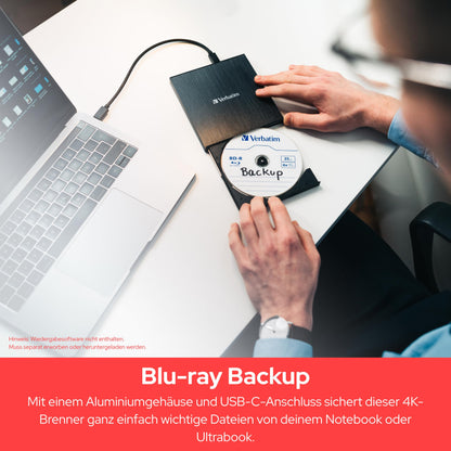 Verbatim External Slimline Blu-ray Writer with USB 3.2 cable, external DVD and Blu-ray burner, perfect for notebooks and computers without a drive, Blu-ray player & DVD drive for playback in Ultra HD 4K.