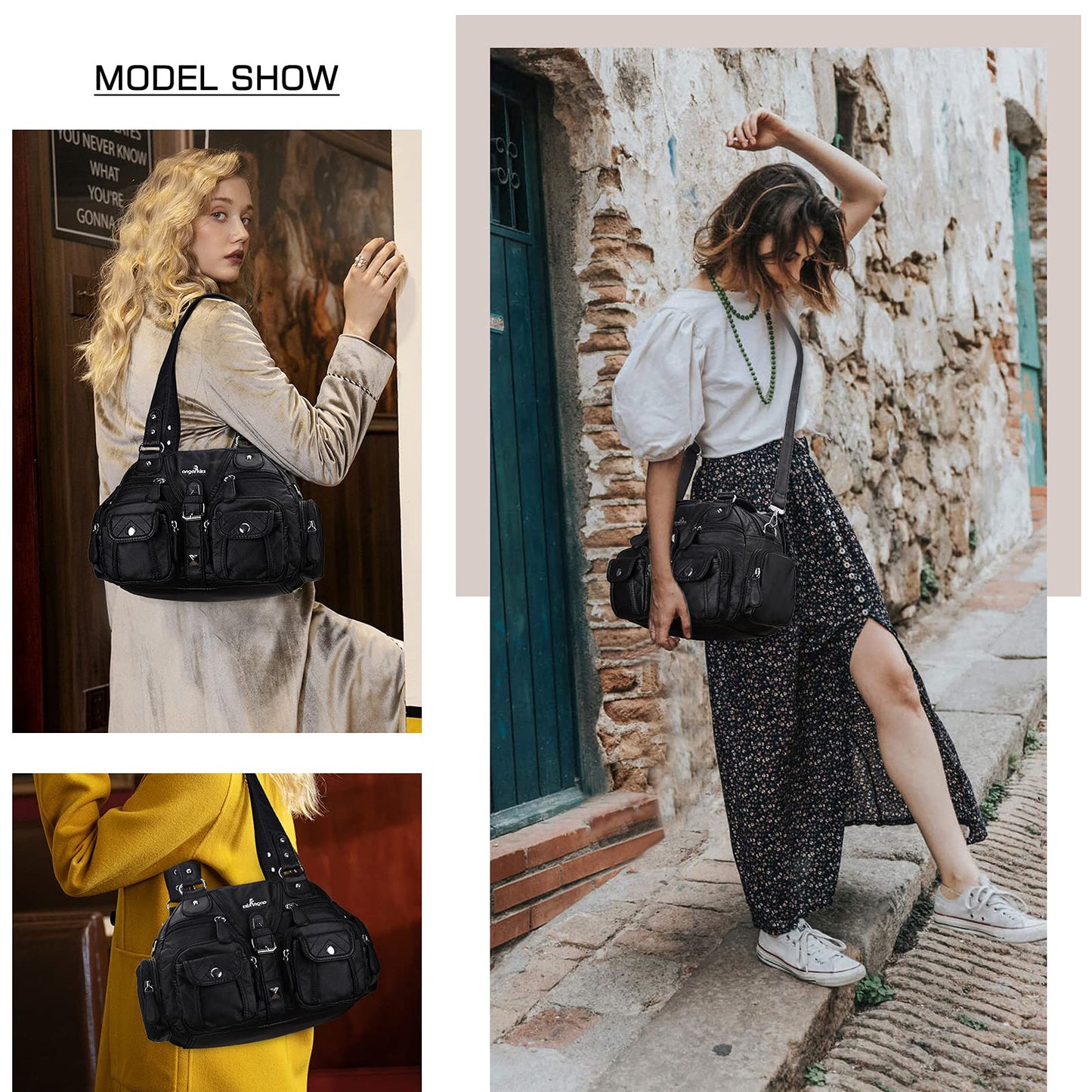 Angel Kiss women's handbag, shoulder bag, made of soft leather with zipper, elegant tote bag with 2 main compartments for office, school, shopping. Black.