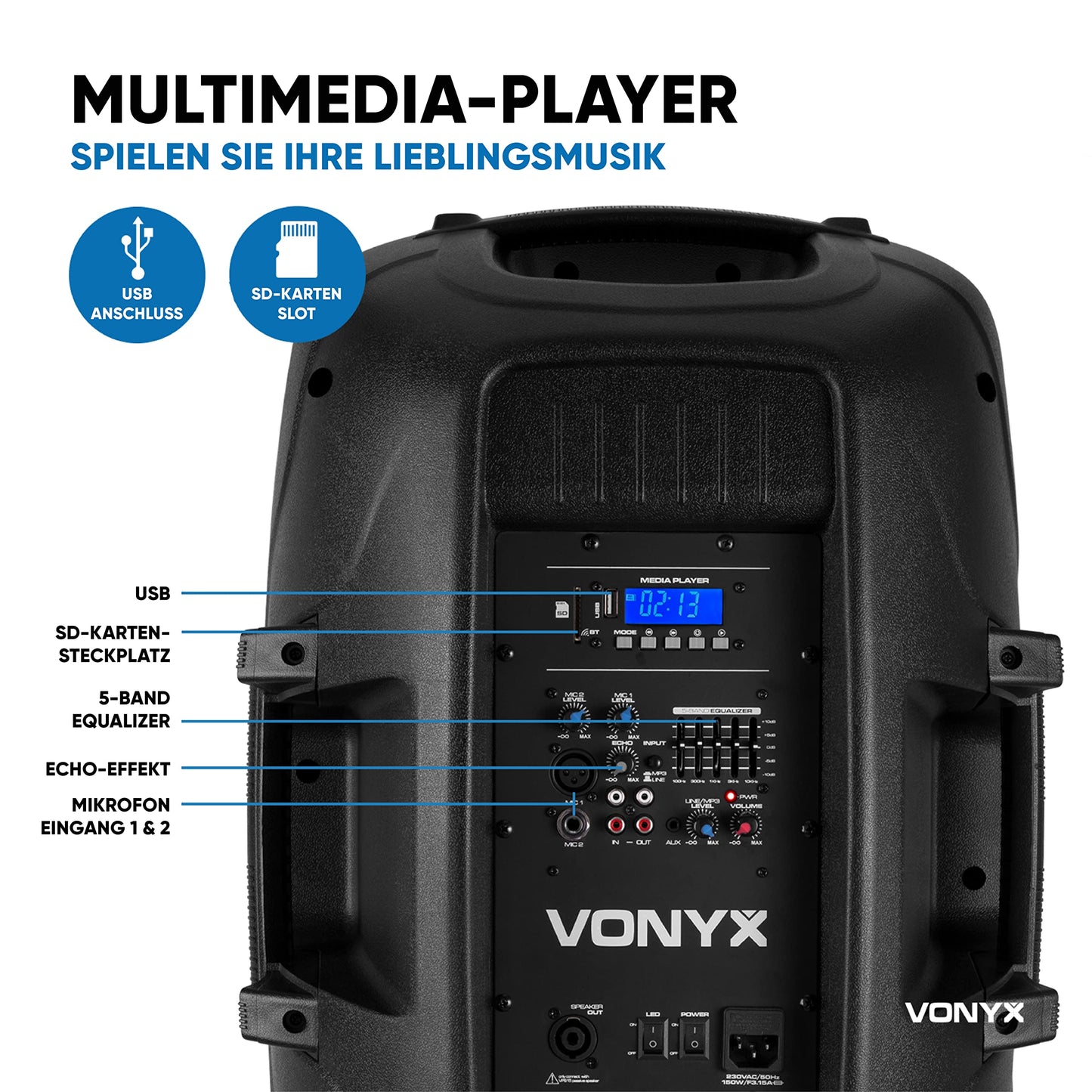 Vonyx VPS122A PA speaker set with stand and microphone, 1000 watts 12-inch LED active boxes, party box Bluetooth with tripods, USB, SD, MP3, PA system complete set, DJ speakers, tripod speaker set