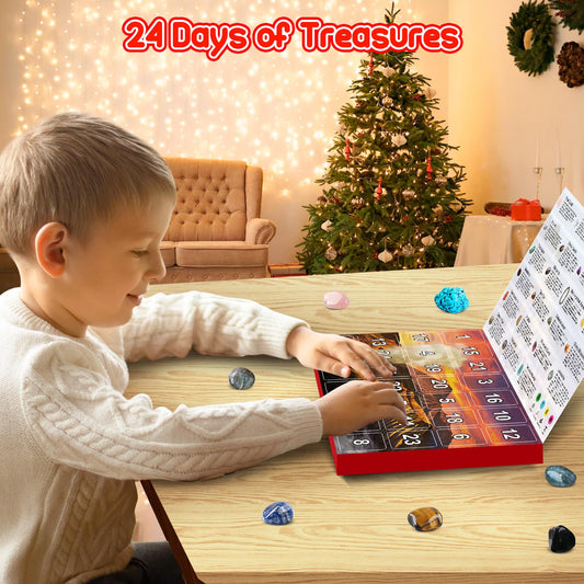 Advent calendar 2025 for kids: Crystals-24 day Christmas calendar with rocks and gemstones, gift idea for boys and girls geology enthusiasts.