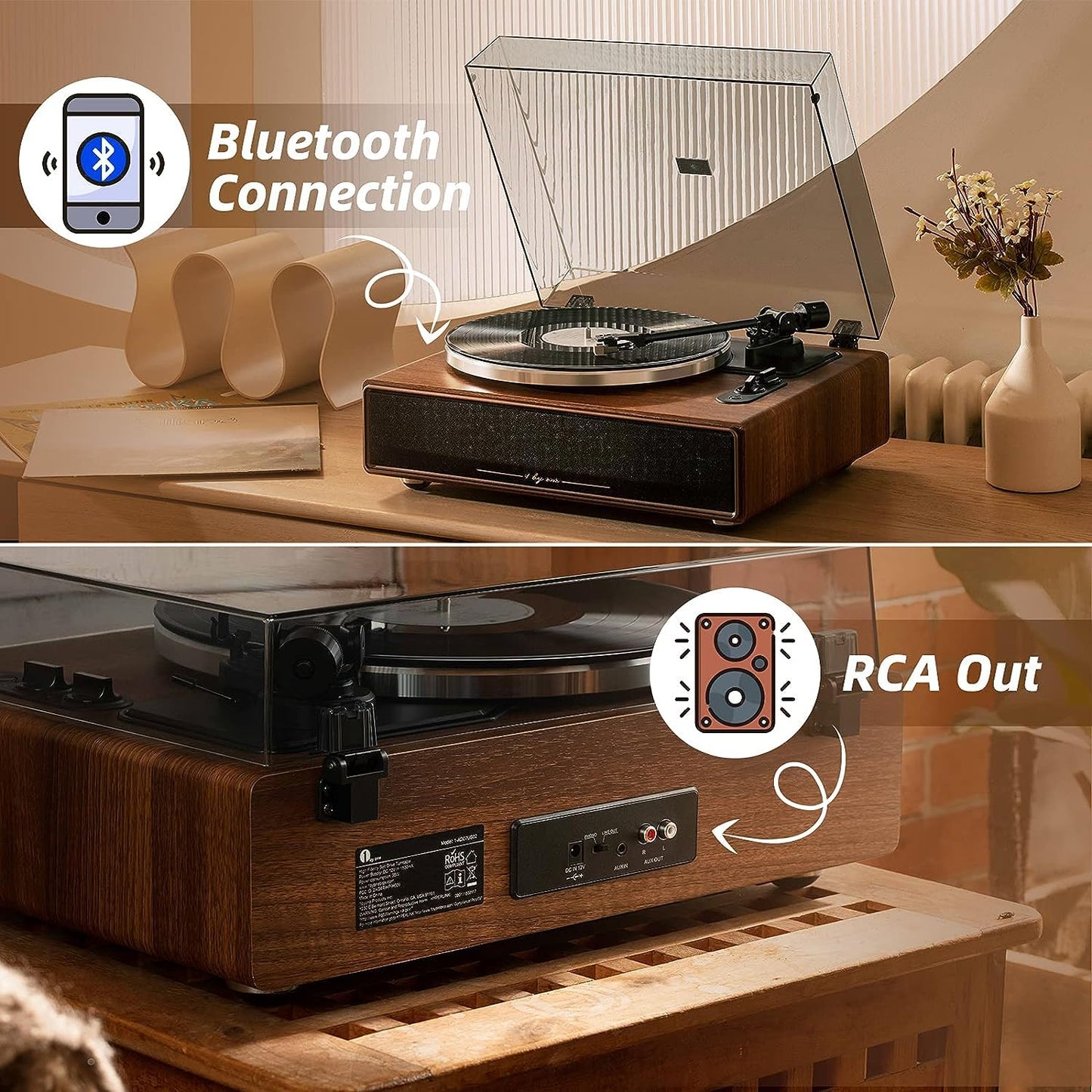 1 by ONE Turntable with Built-in Speakers Bluetooth 33/45 RPM Belt Drive MM Vinyl Record Player with Auto-Stop Function Phono Preamp
