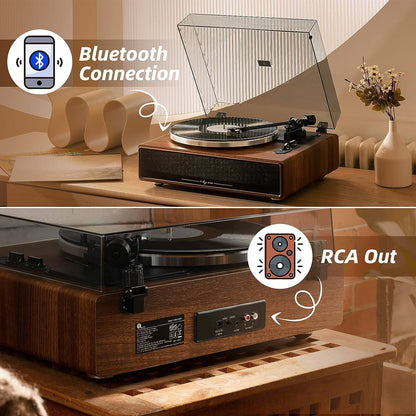 1 by ONE Turntable with Built-in Speakers Bluetooth 33/45 RPM Belt Drive MM Vinyl Record Player with Auto-Stop Function Phono Preamp