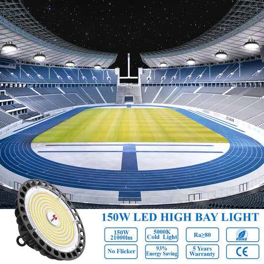 150W LED high bay light, 21000LM warehouse lighting, IP65 waterproof UFO high bay light, 5500K industrial LED lamp for workshop garage warehouse, cool white.