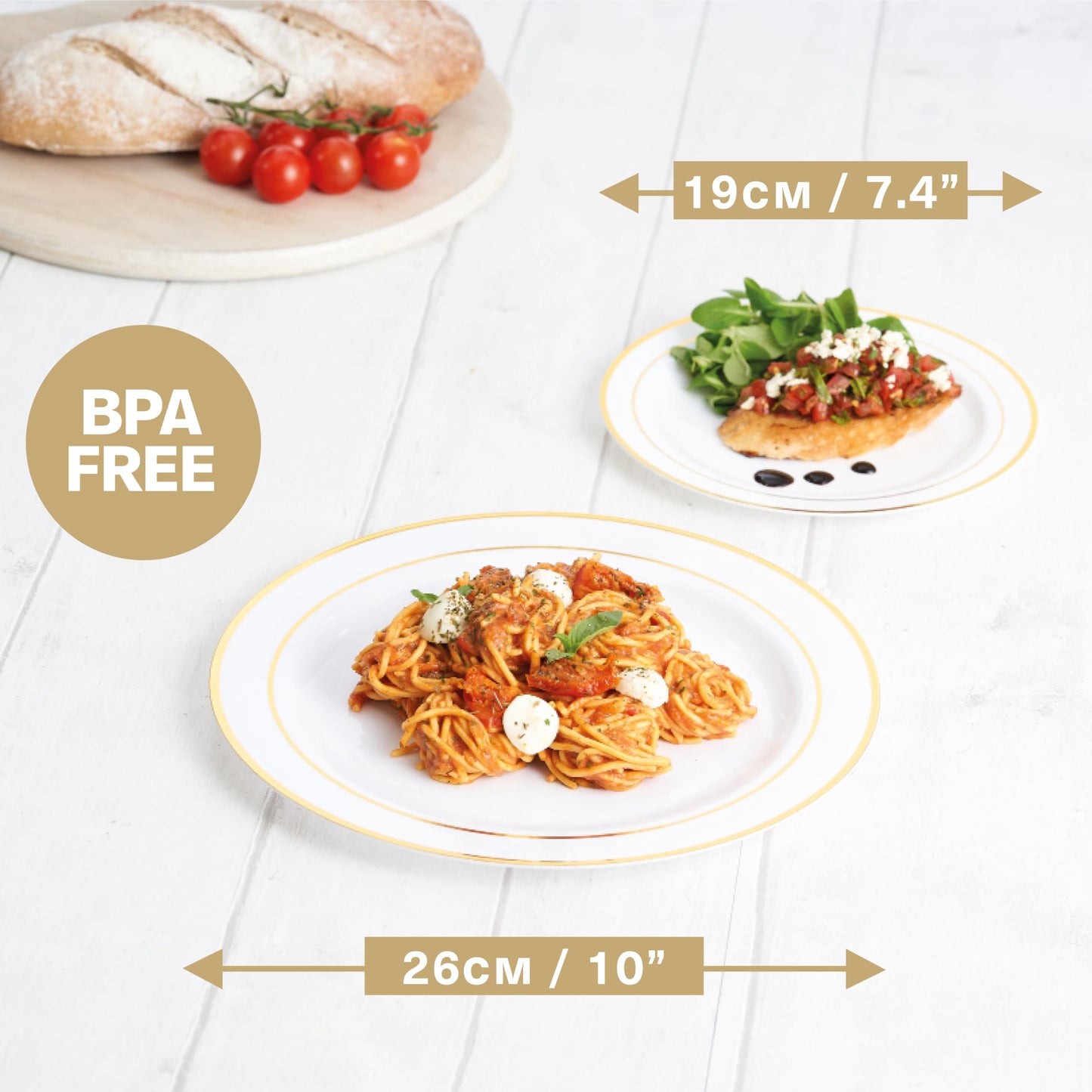 MATANA 120 Premium White Plastic Plates with Gold Rim, 2 Sizes - Unbreakable & Reusable Plastic Plates, Party Plates for Weddings, Birthdays, Parties - Elegant & Sturdy Party Tableware
