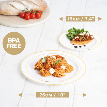 MATANA 120 Premium White Plastic Plates with Gold Rim, 2 Sizes - Unbreakable & Reusable Plastic Plates, Party Plates for Weddings, Birthdays, Parties - Elegant & Sturdy Party Tableware