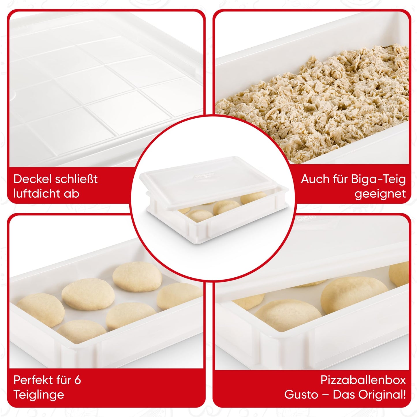 THE BOX FACTORY 2x Pizza Ball Box Gusto + 1 Lid, 40x30x7 cm | Proofing Box, Dough Tray for Pizza Dough. Dough box for 6 pizza balls, pizza dough container (2x Gusto Box + 1x Lid)