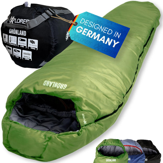 EXPLORER® GREENLAND Sleeping Bag -23°C -5°C [350GSM] 3-4 Seasons Winter Mummy Bag Adult [1900g] 230x82x55cm Zip-Right Dark Green perfect for Outdoor, Camping, Trekking, and Travel.