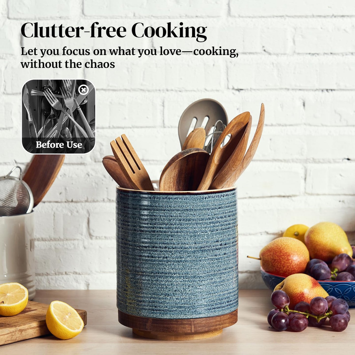 DOWAN Utensil Holder, 360° Rotating Large Kitchen Utensil Holder, Ceramic Utensil Holder for Countertop, Utensil Pot for Kitchen Decoration, Utensil Holder, Reactive Glaze Blue