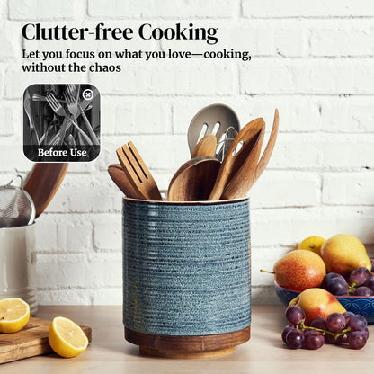 DOWAN Utensil Holder, 360° Rotating Large Kitchen Utensil Holder, Ceramic Utensil Holder for Countertop, Utensil Pot for Kitchen Decoration, Utensil Holder, Reactive Glaze Blue
