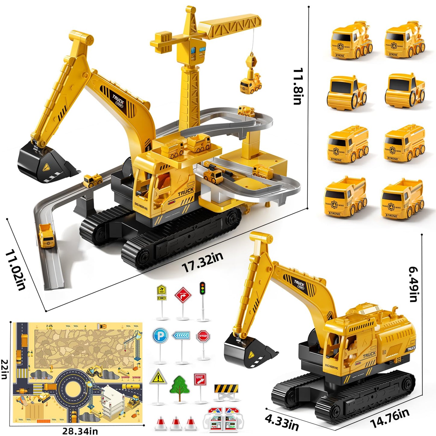 TEMI Excavator Toy for 3 4 5 6 7 8-year-old Boys, Construction Vehicle with Race Track, Crane Toy for Kids, Birthday Gift for Boys and Girls from 3 years.