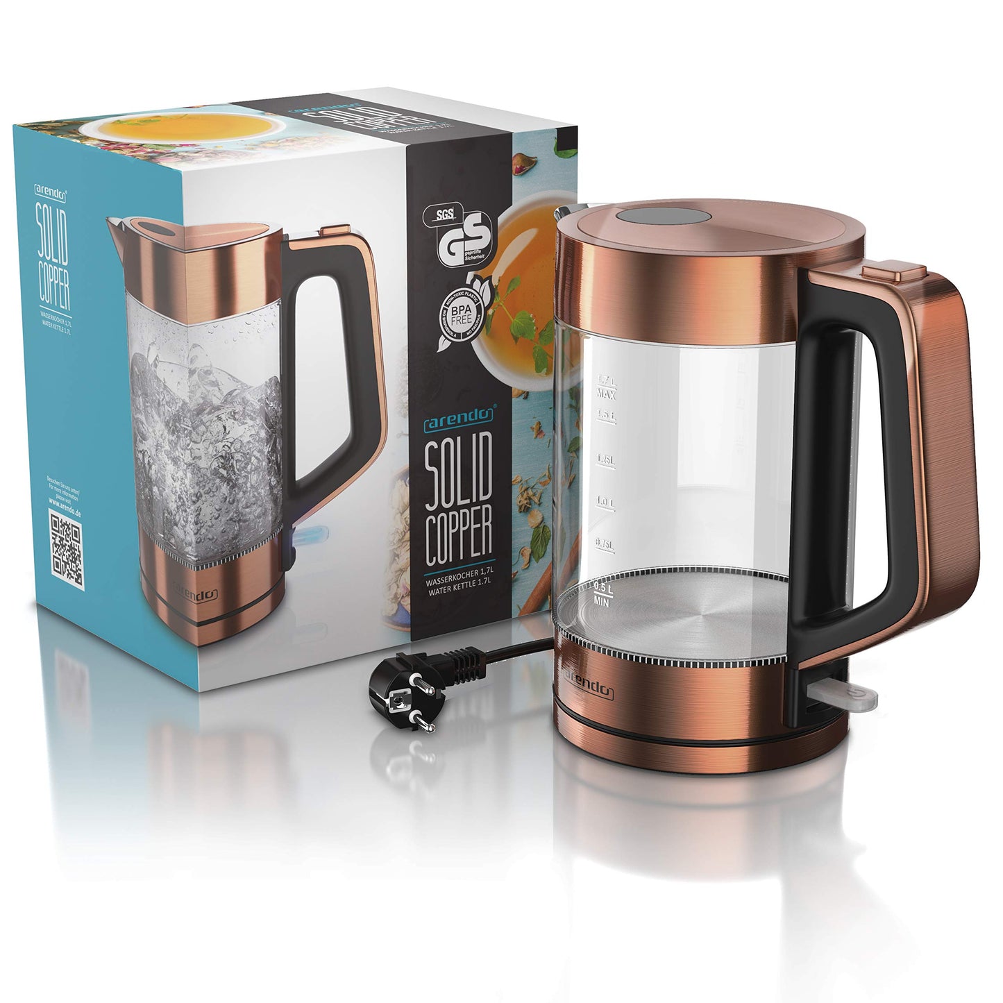 Arendo - Glass kettle stainless steel - 1.7 liters - 2200W - Cool Touch handle - One Touch closure - automatic shut-off - integrated cord storage - overheat protection - Copper design