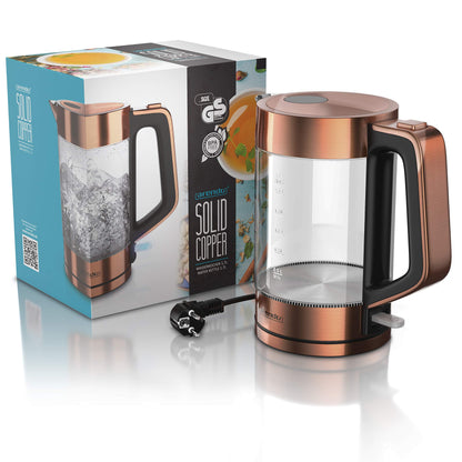 Arendo - Glass kettle stainless steel - 1.7 liters - 2200W - Cool Touch handle - One Touch closure - automatic shut-off - integrated cord storage - overheat protection - Copper design