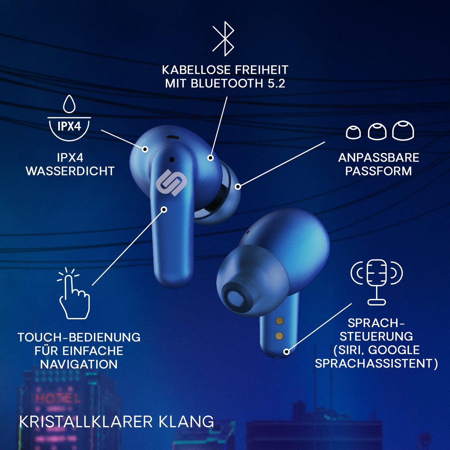 Urbanista Seoul In Ear Headphones | Wireless Earbuds with Microphone | 70ms Low Latency Gaming Earbuds | Dual-Mode Bluetooth Earphones | Fast Charging USB-C Headphones | 32 Hr. Playtime | Blue